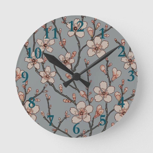 Vintage Pink and Grey Blossom Pattern Round Clock (Front)