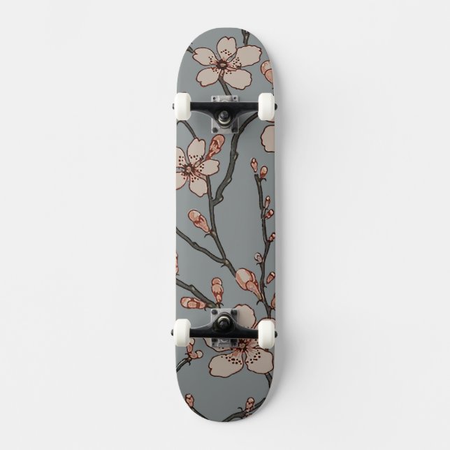 Vintage Pink and Grey Blossom Pattern Skateboard (Front)