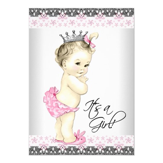 Vintage Pink and Grey Princess Baby Girl Shower Card