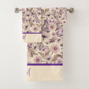Vintage Pink And Lavender Floral With Monogram Bath Towel Set