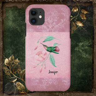 Vintage Pink and Mint Hummingbird Damask Case-Mate iPhone Case