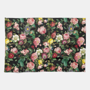 Vintage pink and red rose garden pattern kitchen towel