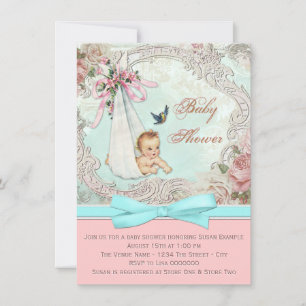 Vintage Pink and Teal Blue Baby Shower Invitation