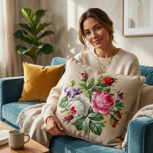 Vintage Pink and WhiteFloral Cross Stitch Throw Pillow