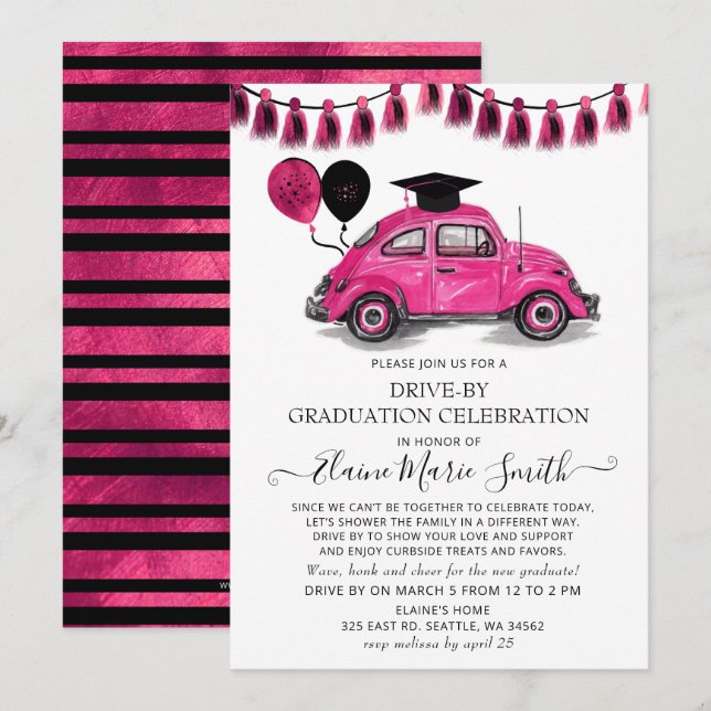 Vintage Pink Beetle Balloons Drive By Graduation Invitation (Front/Back)