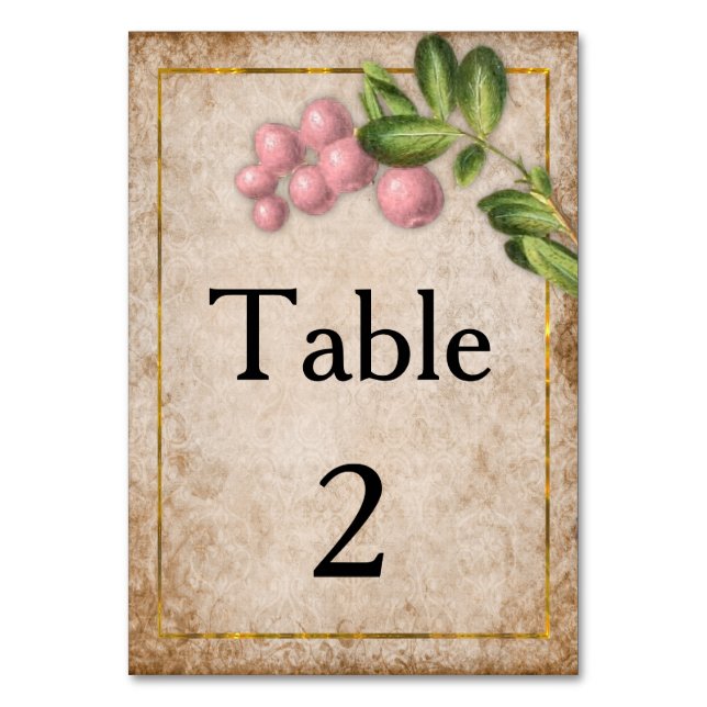 Vintage Pink Berries Wedding Table Number (Front)