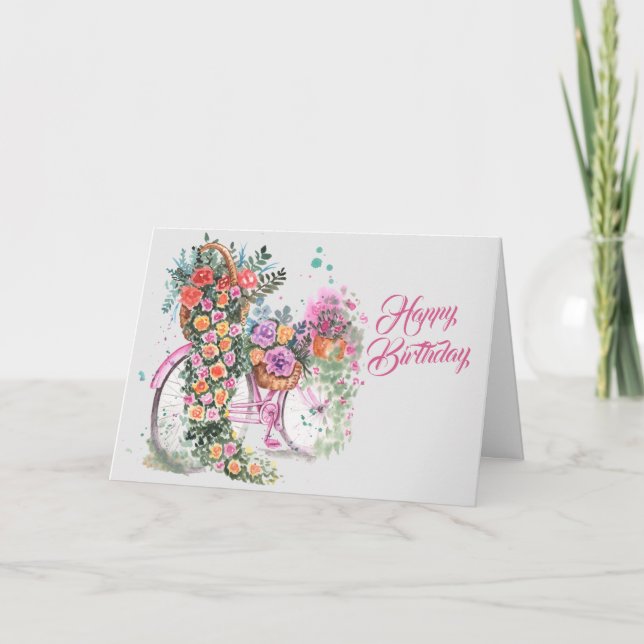 Vintage Pink Bicycle Floral Birthday Card (Front)