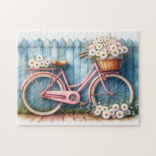 Vintage Pink Bicycle with Daisies Jigsaw Puzzle