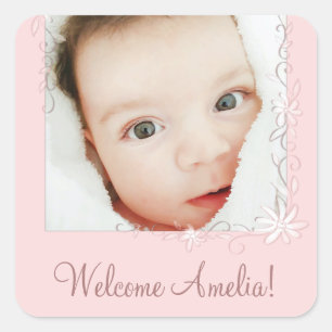 Vintage Pink Birth Announcement Girl Square Sticke Square Sticker