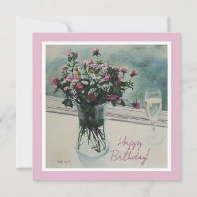 Vintage pink Birthday flowers fine art painting