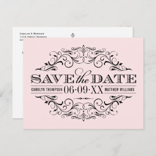 Vintage Pink Black Flourish Wedding Save the Date Announcement Postcard