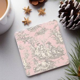 Vintage Pink Black Toile de Jouy Art Stone Coaster