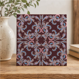 Vintage Pink & Blue Arabesque Tile on Deep Burgund