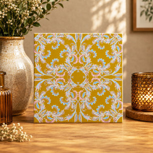 Vintage Pink & Blue Arabesque Tile on Golden Ochre