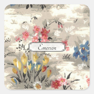 Vintage Pink Blue Yellow Floral Mid Century Design Square Sticker