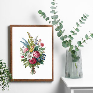 Vintage Pink Blue Yellow White Wildflowers Bouquet Poster