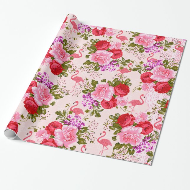 Vintage pink botanical flowers tropical flamingo wrapping paper (Unrolled)