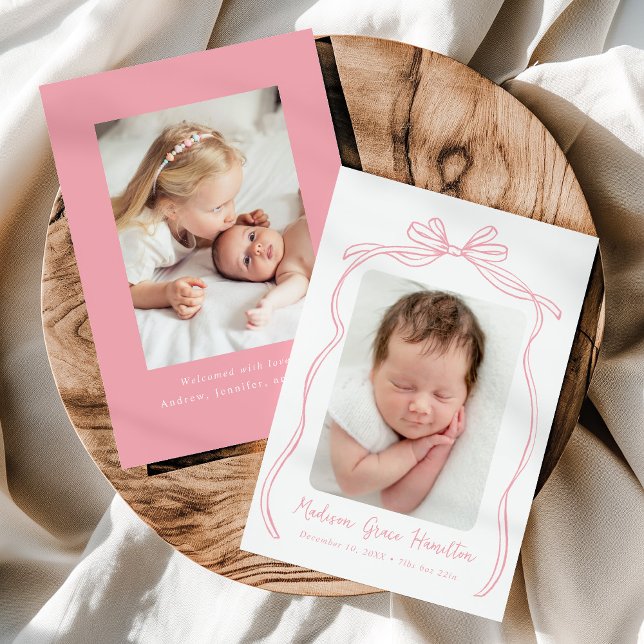 Vintage Pink Bow 2 Photo Birth Announcement (Creator Uploaded)