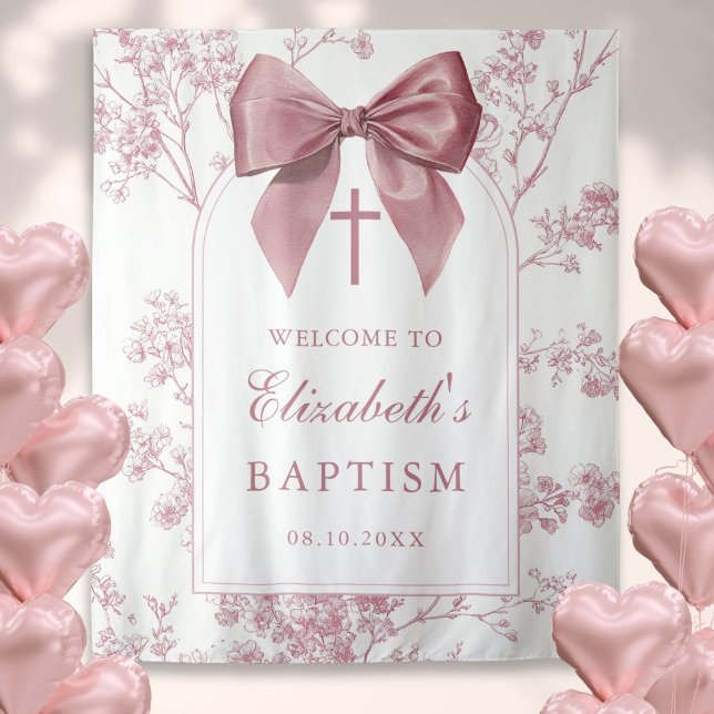 Vintage Pink Bow Baptism Photo Backdrop Tapestry (Vintage Pink Bow Baptism Photo Backdrop)