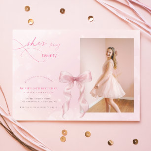 Vintage Pink Bow Elegant Photo 20th Birthday Invitation