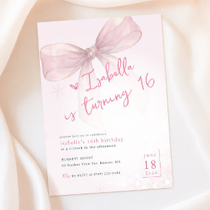 Vintage Pink Bow Elegant Winter 16th Birthday Invitation
