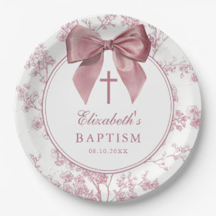 Vintage Pink Bow Floral Baptism Christening Paper Plate