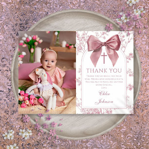 Vintage Pink Bow Floral Girl Baptism Photo Thank You Card