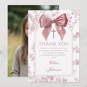 Vintage Pink Bow Floral Girl Confirmation Photo Thank You Card