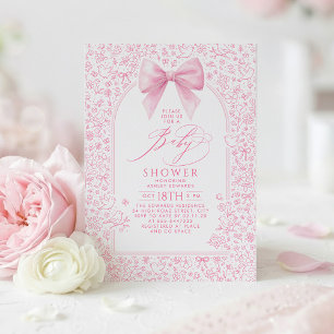 Vintage Pink Bow Floral Toile Elegant Baby Shower Invitation