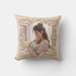 Vintage Pink Bow Mother Child Photo Frame Throw Pillow