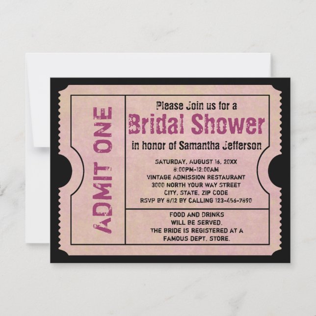 Vintage Pink Bridal Shower Ticket Invitations (Front)
