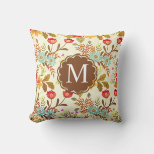 Vintage Pink Brown Blue Floral Monogram Throw Pill Pillow