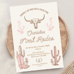 Vintage Pink Brown Girls First Rodeo 1st Birthday  Invitation<br><div class="desc">Vintage Pink Brown Girls First Rodeo 1st Birthday Invitation

Sweet girls pink and brown vintage style first rodeo birthday invitation featuring a long horn cow,  cowgirl boot,  and cactus.  This western or wild west first birthday invitation for a baby girl is ideal for girls first birthday.</div>