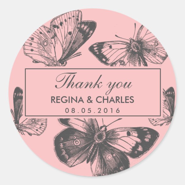 Vintage Pink Butterfly Wedding Thank You Sticker (Front)
