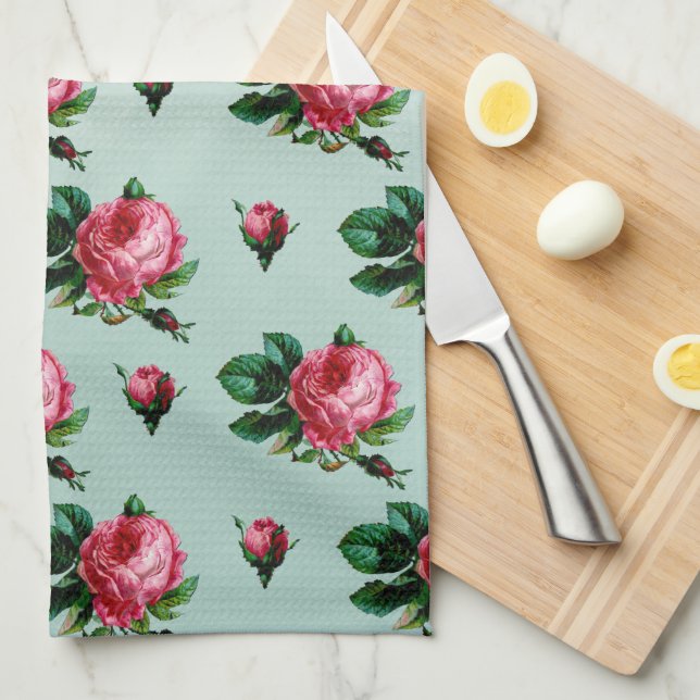 Vintage Pink Cabbage Roses Kitchen Towel (Quarter Fold)
