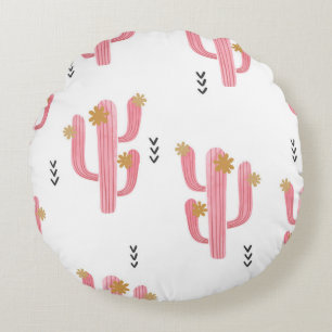 Vintage Pink Cactus Watercolor Pattern Round Pillow