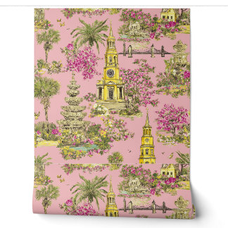 Vintage Pink Cherry Blossom Cathedral & Fountain Wallpaper