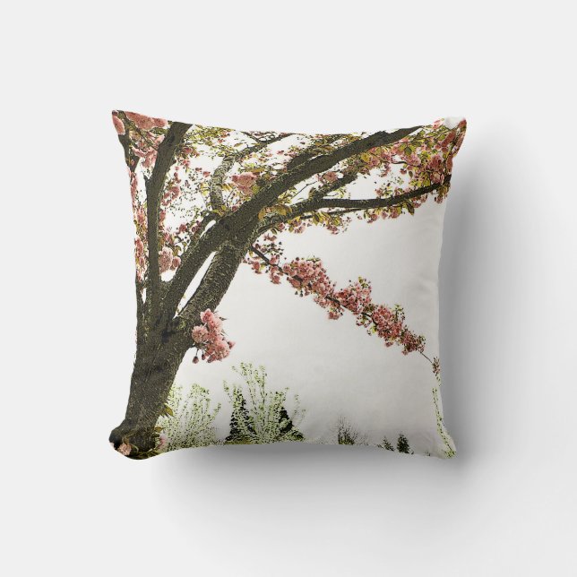 Vintage pink cherry blossom tree throw pillow (Front)