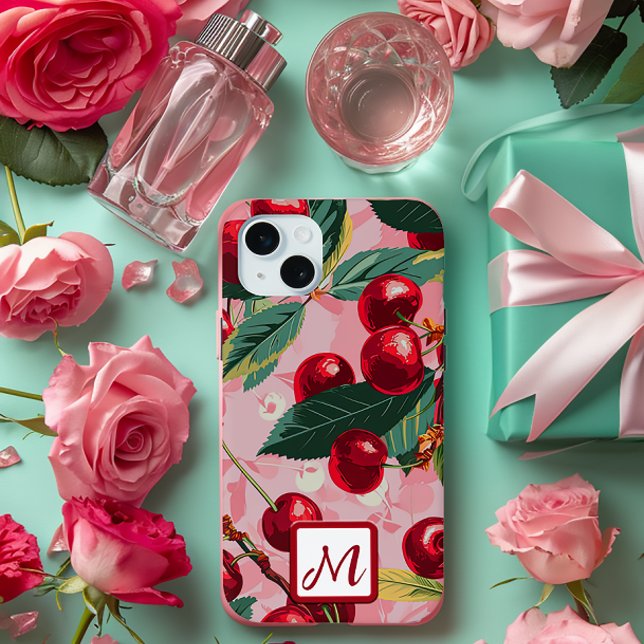 Vintage Pink Cherry Pop Monogram iPhone Case (Stylish and Chic, Retro Pink Cherry Pop iPhone 15+ Case)