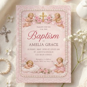 Vintage Pink Cherub and Rose Baptism Invitation 