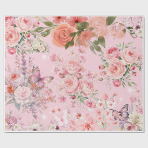 Vintage Pink Chic Roses and Butterflies Pattern  Wrapping Paper