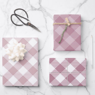 Vintage Pink Christmas Gingham Pattern Trio Mix Wrapping Paper Sheet