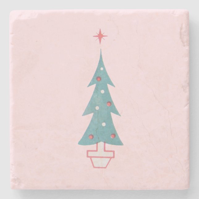 Vintage Pink Christmas Tree Ceramic Stone Coaster (Front)