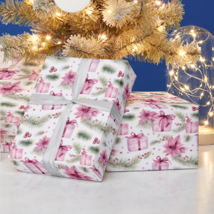 Vintage Pink Christmas Tree & Gifts Pattern Wrapping Paper
