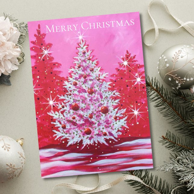 Vintage Pink Christmas Tree Holiday Card (Creator Uploaded)