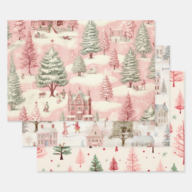 Vintage Pink Christmas  Wrapping Paper Sheet (Set)