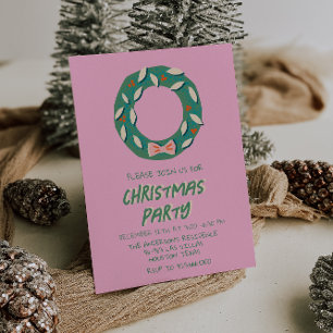 Vintage Pink Colourful Christmas Bow Wreath Party Invitation