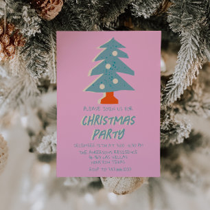 Vintage Pink Colourful Christmas Tree Party Funky Invitation