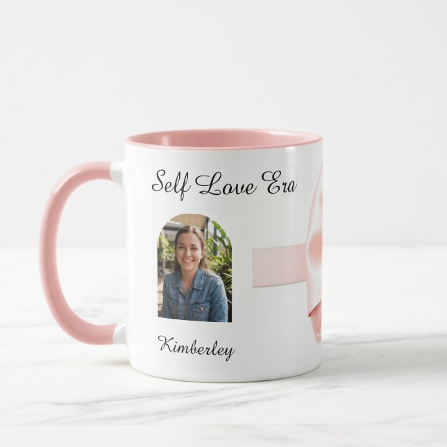 Vintage Pink Coquette Bow Heart Personalized Mug (Left)