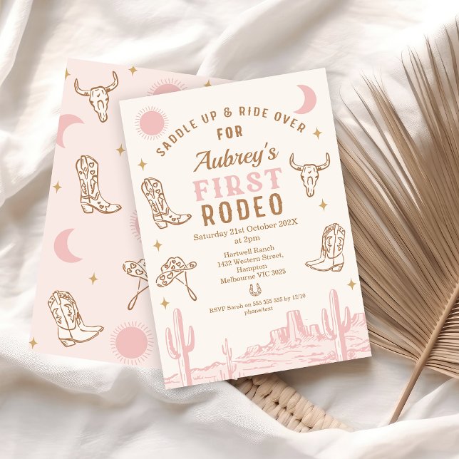 Vintage Pink Cowgirl First Rodeo 1st Birthday  Invitation (Pink First Rodeo 1st Birthday Invitation Girl, Desert Wild West Western Southern Country, 1st Rodeo )